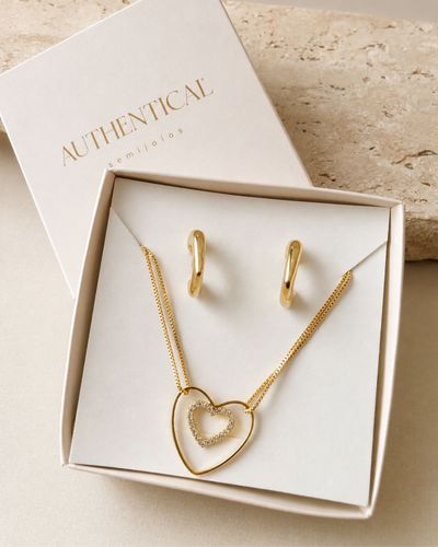 Kit 4 - Argola e colar pingente coração vazado dourado