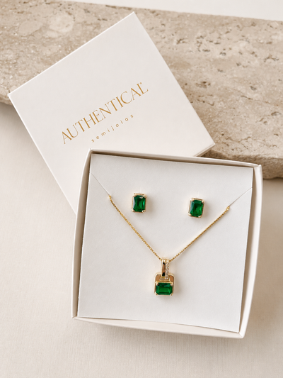 Kit 7 - Brinco Retangular e Colar Cristal Verde