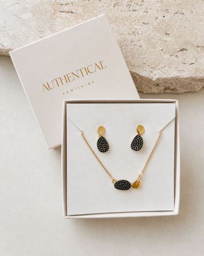 Kit 10 - Kit Brinco e Colar Zircônia Negra Dourado