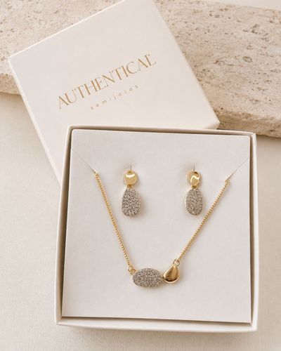 Kit 11 - Kit Brinco e Colar Zircônia Branca Dourado