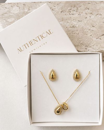 Kit 13 - Brinco Gota e Colar Veneziana Cravejado Dourado