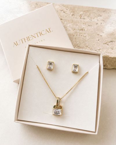 Kit 14 -  Brinco Retangular e Colar Cristal 
