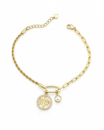 Pulseira dourada malhas pingente arvore da vida e pérola