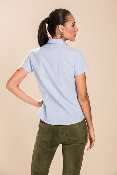 Camisa Social Feminina Slim Worker Fil a Fil Azul Claro Manga Curta