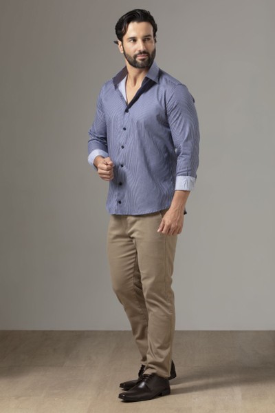 Camisa Social Slim Fio 60 Listrada Acetinada Azul Marinho