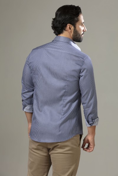 Camisa Social Slim Fio 60 Listrada Acetinada Azul Marinho