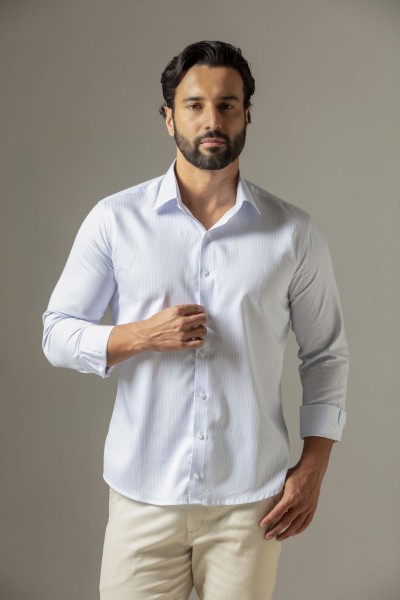 Camisa Social Slim Fio 60 Listrada Acetinada Branca