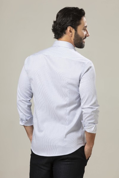 Camisa Social Slim Fio 60 Listrada Acetinada Azul