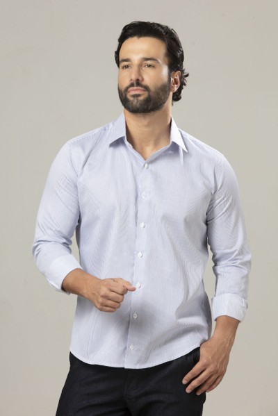 Camisa Social Slim Fio 60 Listrada Acetinada Azul