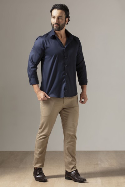 Camisa Social Slim Fio 60 Acetinada Azul Marinho