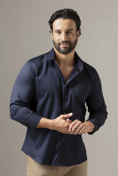 Camisa Social Slim Fio 60 Acetinada Azul Marinho