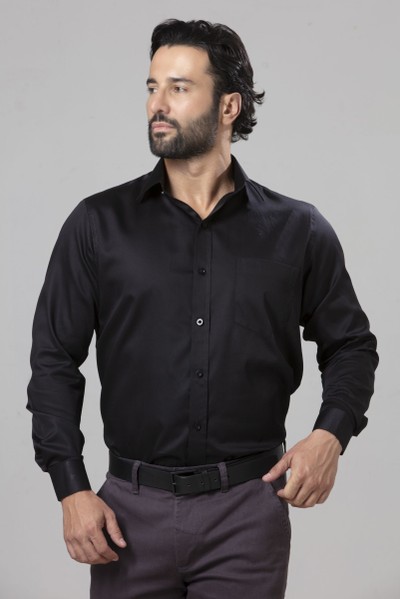 Camisa Social Tradicional Fio 60 Acetinada Preta