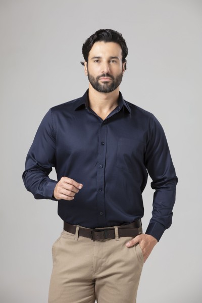 Camisa Social Tradicional Fio 60 Acetinada Azul Marinho