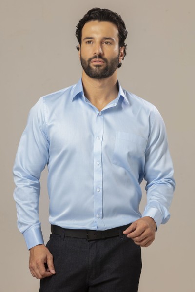 Camisa Social Tradicional Fio 60 Acetinada Azul Claro