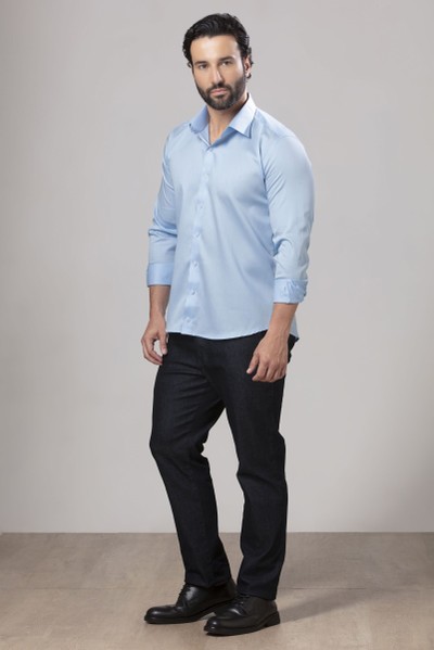 Camisa Social Slim Fio 60 Acetinada Azul Claro