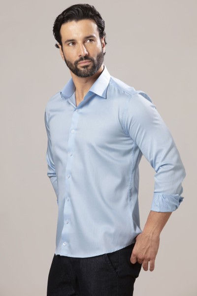 Camisa Social Slim Fio 60 Acetinada Azul Claro