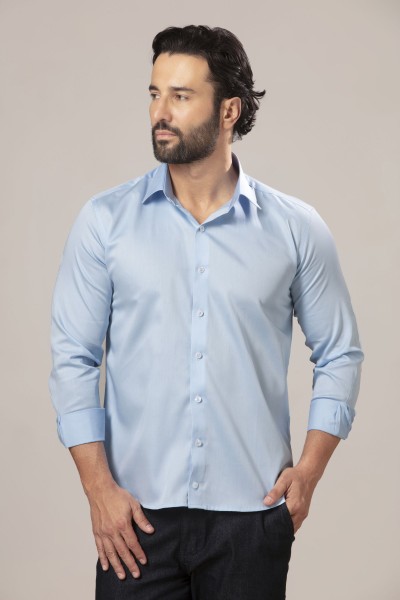 Camisa Social Slim Fio 60 Acetinada Azul Claro