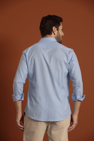 Camisa Slim Cambraia Azul Claro Manga Longa