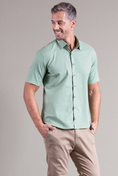 Camisa Slim Cambraia Verde Oliva Manga Curta