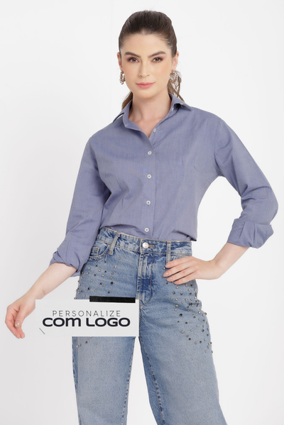 Camisa Social Feminina Slim Worker Fio Tinto Marinho Manga Longa