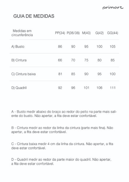 Tabela de medidas Primart