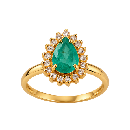 Anel em Ouro Amarelo com Esmeralda em Gota e Brilhantes