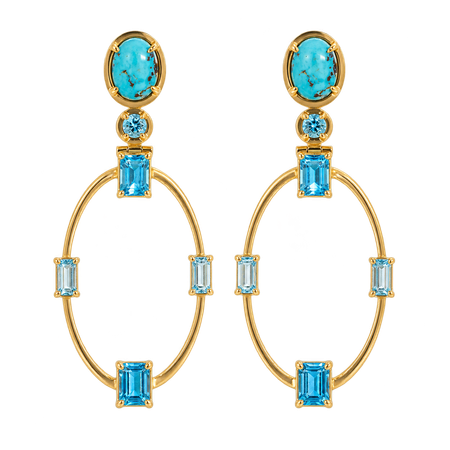 Brinco Oval em ouro amarelo com Turquesa e Topázio