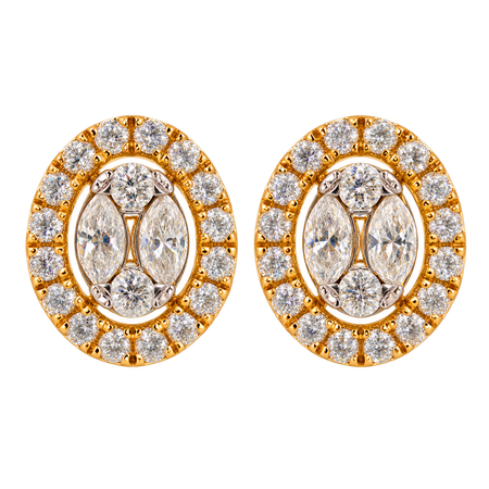 Brinco Oval em Ouro Amarelo com Brilhantes e Navetes