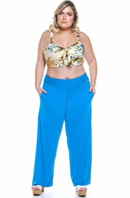 Calça Plus Size Com Bolso, Azul Grécia