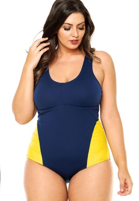 Foto do produto Maiô Plus Size Para Hidroginástica, Bojo, Azul Marinho E Amarelo