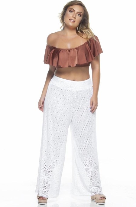 Calça Plus Size Em Renda Barrada, Branco