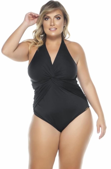 Maiô Plus Size Com Torção Frontal E Drapeado Preto