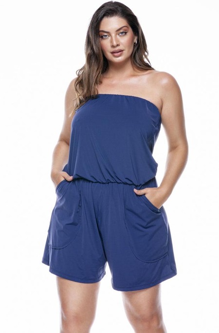 Macaquinho Plus Size Com Bolso, Tomara Que Caia, Azul Marinho