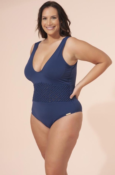 Foto do produto Maiô Plus Size Detalhe Em Macramê Feito À Mão, Com Bojo, Azul Marinho