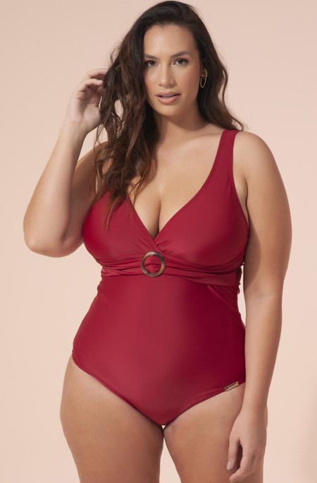 Maiô Plus Size Clássico Com Bojo, Detalhe Abaixo Dos Seios Vermelho Divino com Brilho