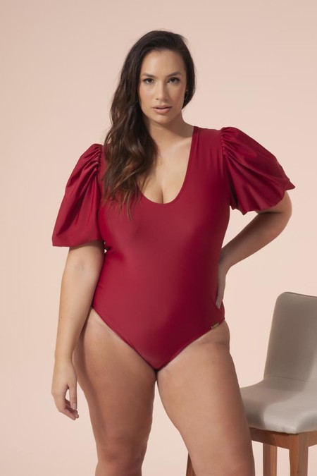 Maiô Plus Size Com Manga Bufante, Bojo, Vermelho Divino com Brilho