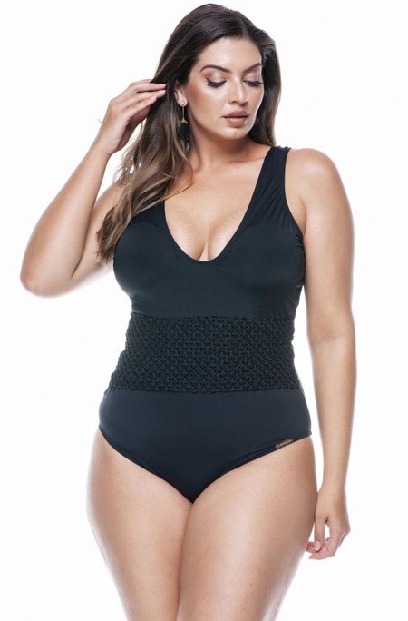 Foto do produto Maiô Plus Size Detalhe Em Macramê Feito À Mão, Com Bojo, Preto