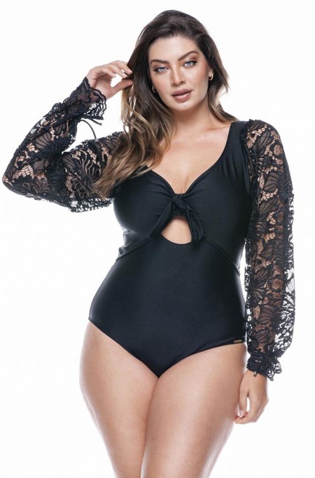 Foto do produto Maiô Plus Size Sem Bojo Com Manga Bufante Em Renda, Preto