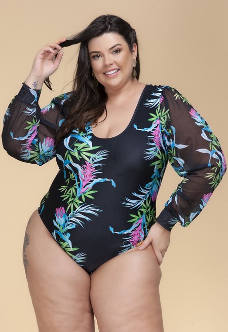 Maiô Plus Size com Manga Bufante Bromélias