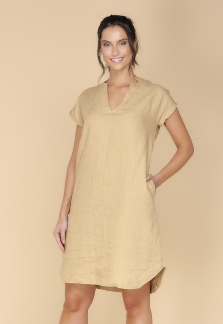 Vestido com bolso 100% linho old ocre