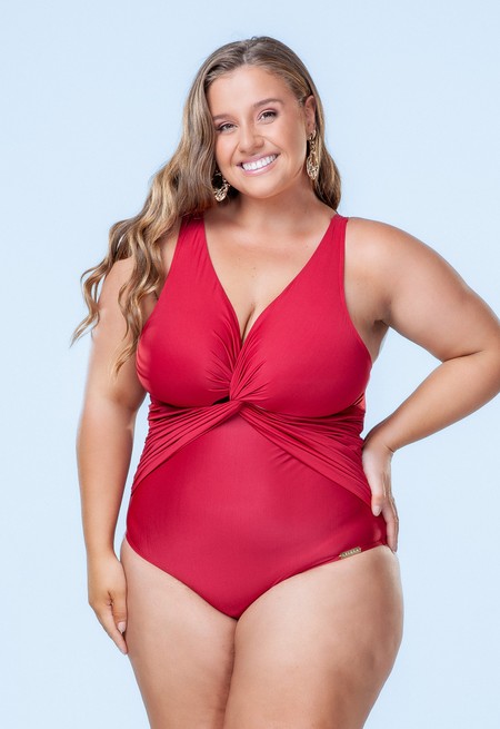 Maiô Plus Size Com Torção Frontal E Drapeado, Vermelho Divino