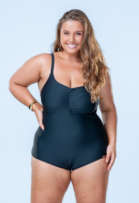 Maiô Fechado Plus Size Com Bojo, Alça Regulável, Gancho, Preto