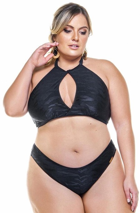 Sutiã Plus Size Cropped Com Fenda, Preto Texturizado