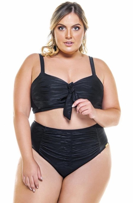 Sutiã Plus Size Corpete Com Laço Frontal, Preto Texturizado