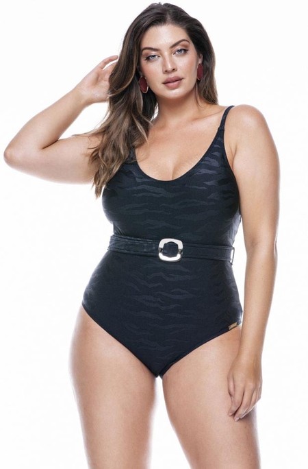 Maiô Plus Size Com Bojo, Cinto E Alça Com Regulagem Preto Texturizado