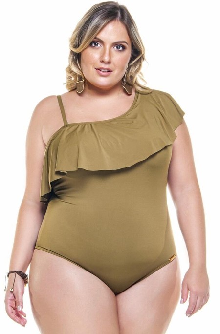 Maiô Plus Size Um Ombro Só Com Babado E Bojo Oliva