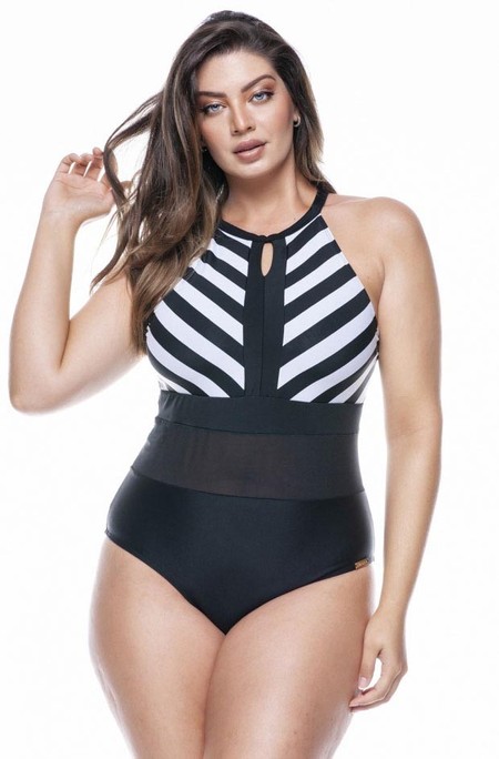 Maiô Gargantilha Plus Size Listrado Preto E Branco