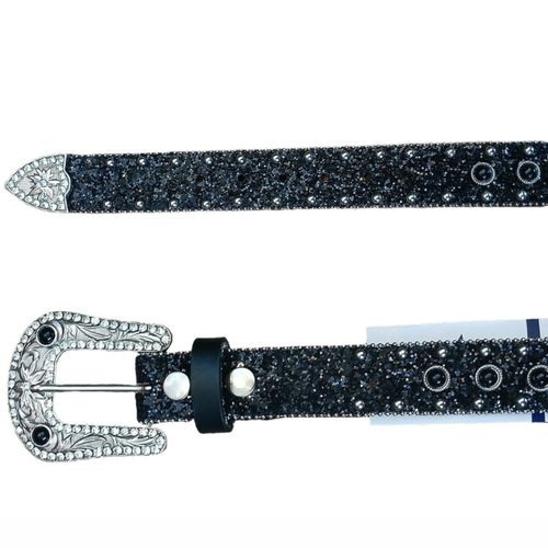 Cinto Couro Inf Glitter Preto