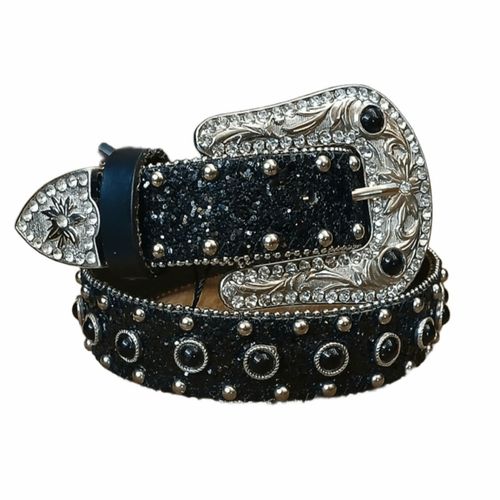 Cinto Couro Inf Glitter Preto