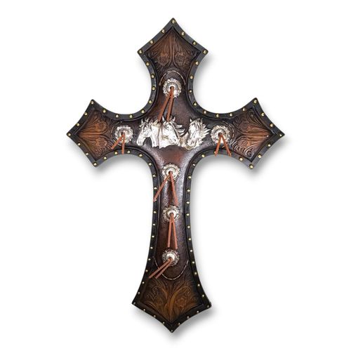 Cruz Decorativa com Detalhes de Cavalos em Resina